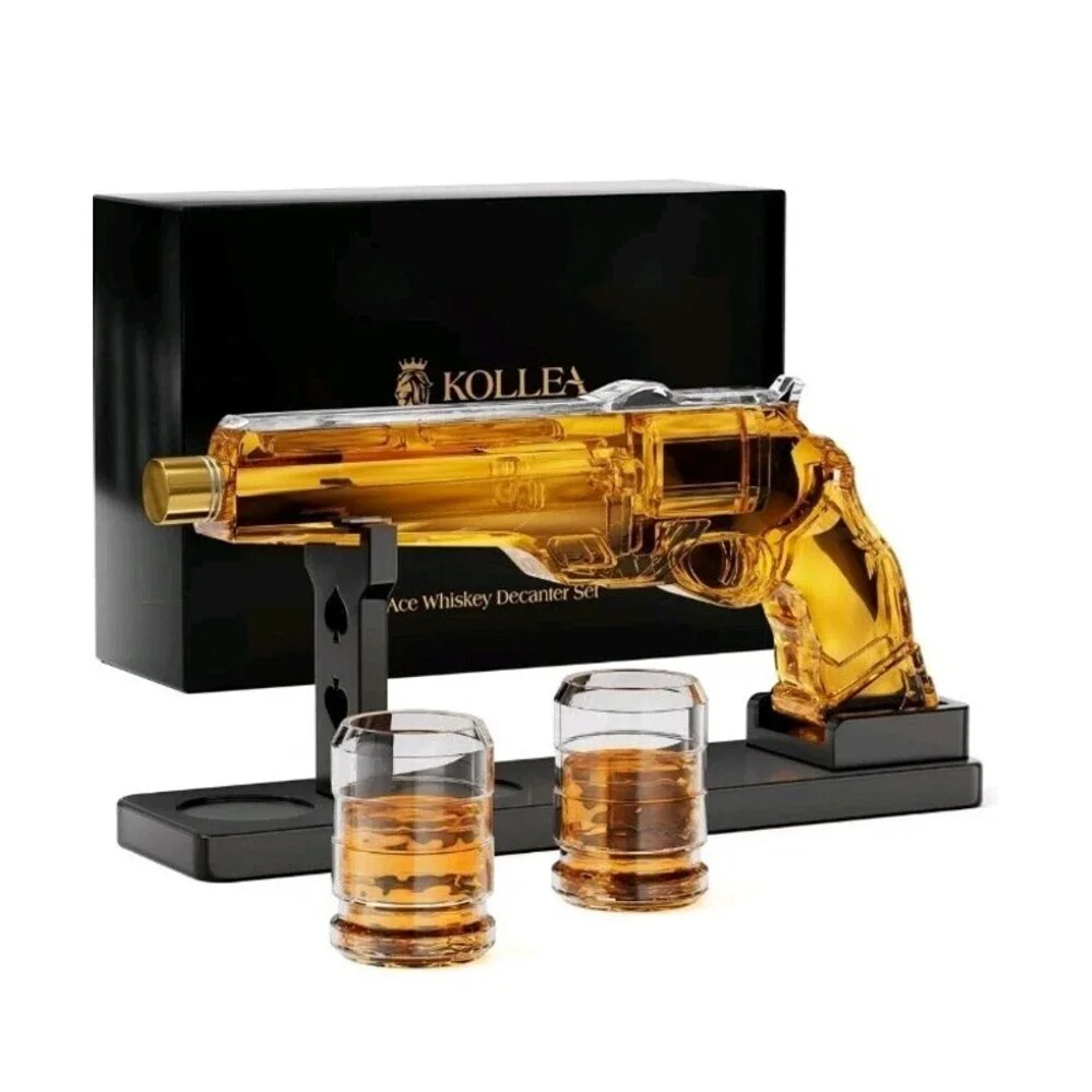 Handcrafted Revolver Whiskey Decanter Set W/ Shot Glasses Perfect Gift Men New